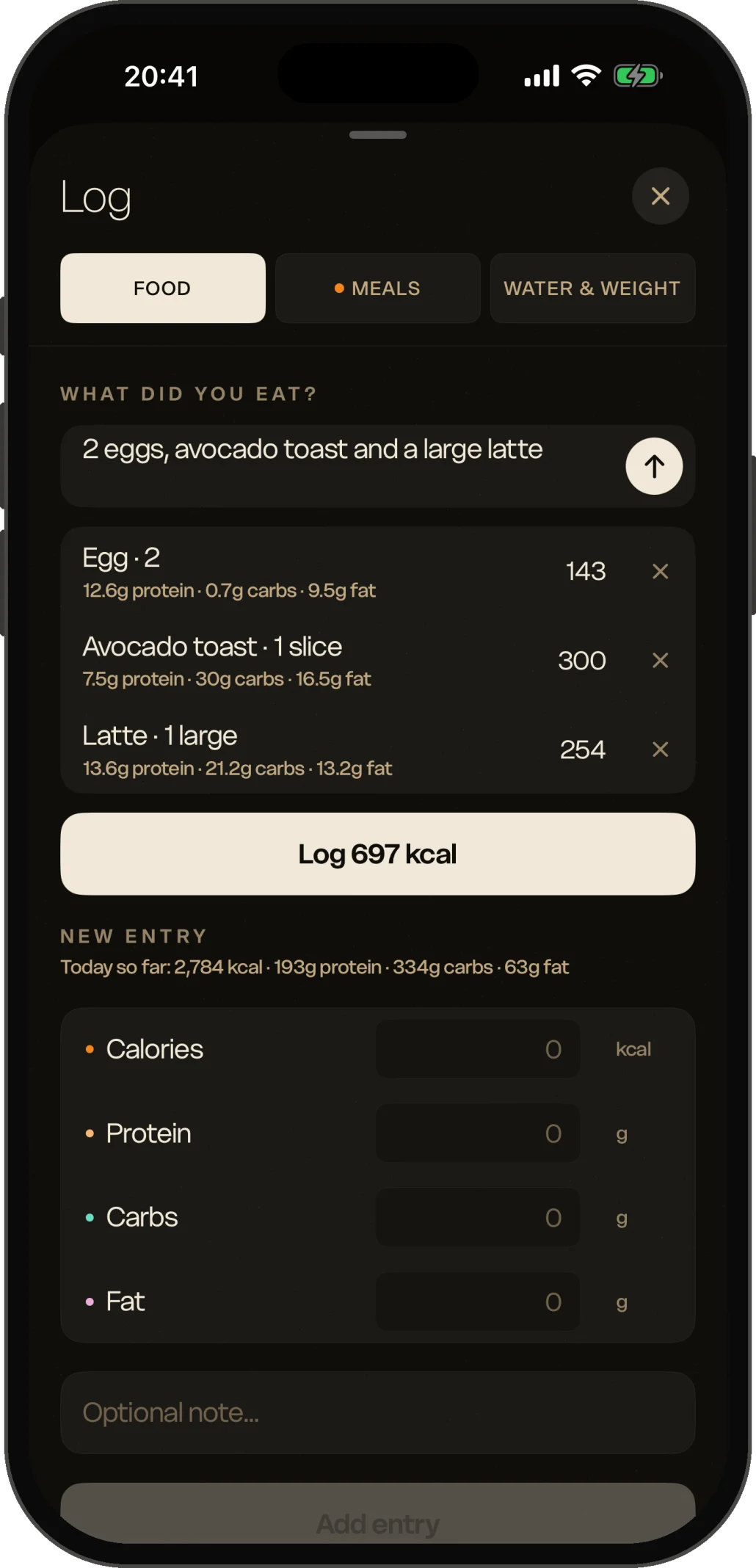 Silent turning a typed meal into itemized calories and macros